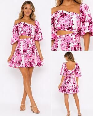 Steps NY Floral One Shoulder Cutout Mini Dress Puff Sleeve Pink White Women’s S